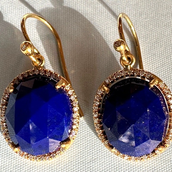 Designer IRENE NEUWIRTH 18K Yellow Gold Oval Lapis Lazuli Diamond Drop Earrings - Picture 7 of 15